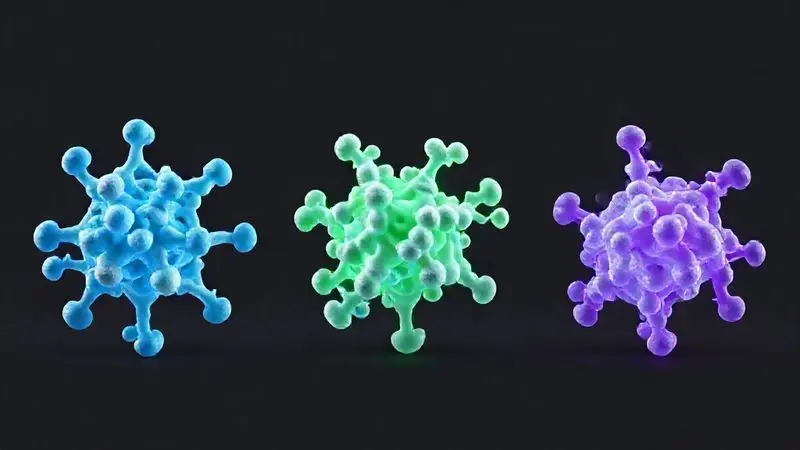 Render 3D artístico mostrando as três estruturas moleculares dos tipos de whey protein: concentrado, isolado e hidrolisado, para ilustrar suas diferenças.