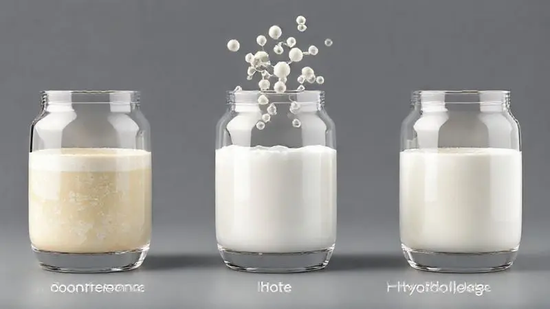 Render 3D mostrando as diferenças moleculares entre os três tipos de whey protein: concentrado, isolado e hidrolisado.