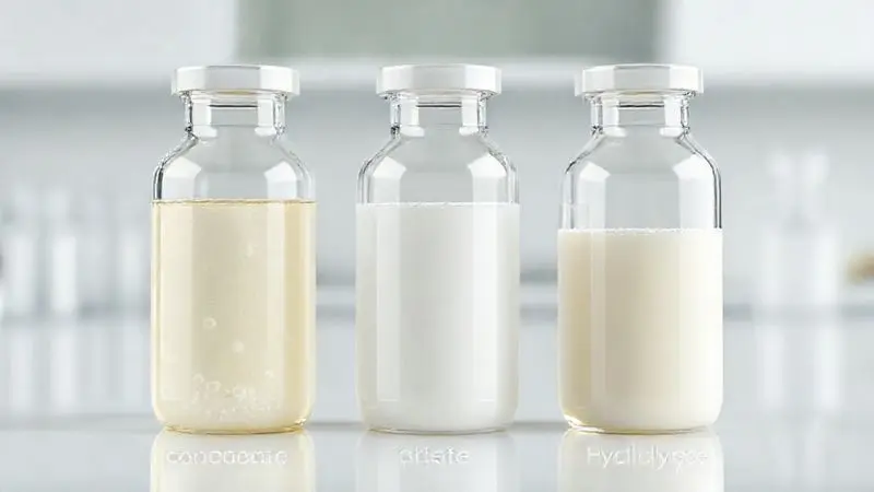 Ilustração artística representando os diferentes tipos de whey protein: concentrado, isolado e hidrolisado, em frascos de vidro.