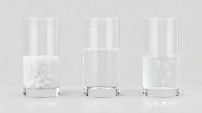 Ilustração 3D mostrando as diferenças de pureza entre whey protein concentrado, isolado e hidrolisado em três recipientes.