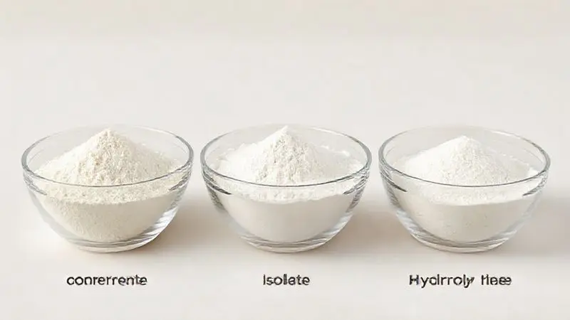 Ilustração conceitual mostrando a diferença de textura entre os tipos de whey protein: concentrado, isolado e hidrolisado, em potes de vidro.