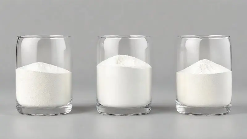 Ilustração 3D representando os três tipos de whey protein: concentrado, isolado e hidrolisado, em cilindros de vidro distintos.