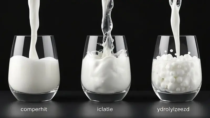 Ilustração conceitual mostrando as diferenças visuais entre os tipos de whey protein: concentrado, isolado e hidrolisado.