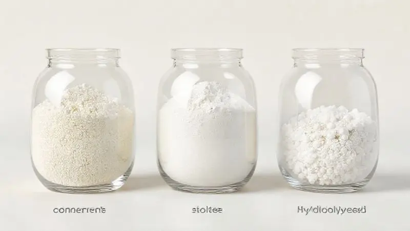 Ilustração 3D conceitual dos três tipos de whey protein: concentrado, isolado e hidrolisado, mostrando as diferentes texturas e pureza.