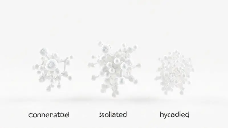 Renderização artística das estruturas moleculares dos tipos de whey concentrado, isolado e hidrolisado, ilustrando suas diferenças.