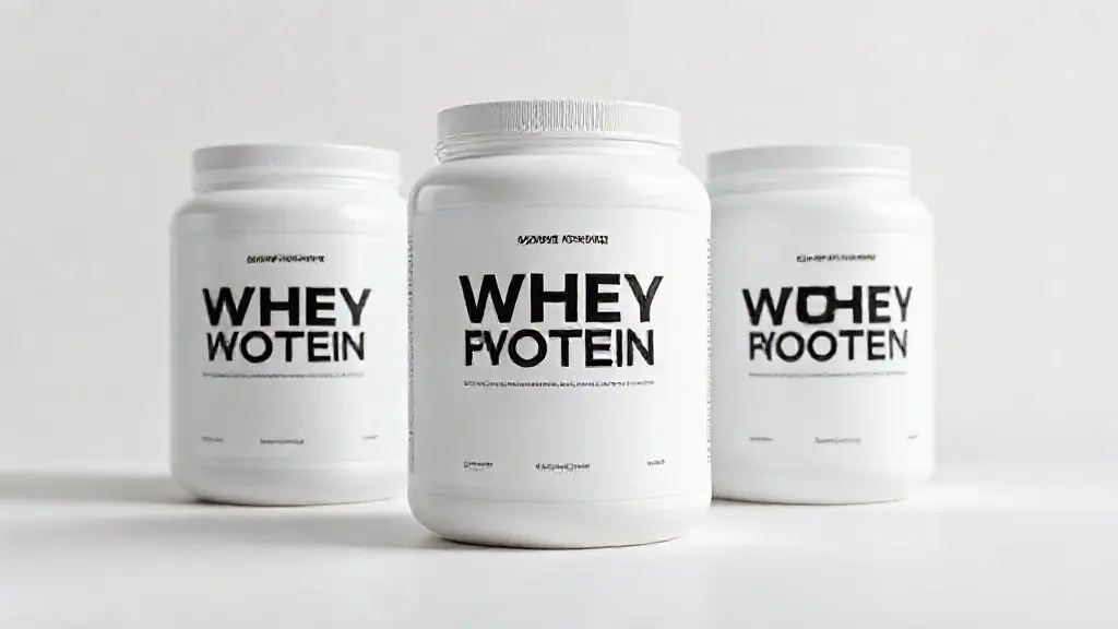Três potes de whey protein representando os tipos concentrado, isolado e hidrolisado, em uma imagem de estúdio que destaca a qualidade do suplemento.