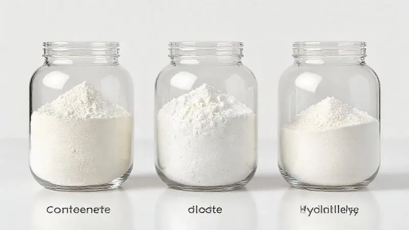 Ilustração 3D mostrando os diferentes tipos de whey protein: concentrado, isolado e hidrolisado, em recipientes de vidro.