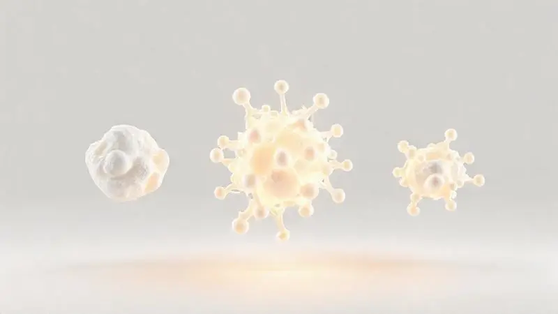 Ilustração 3D conceitual mostrando a fusão de diferentes tipos de proteínas como whey, caseína e albumina para formar um blend proteico.