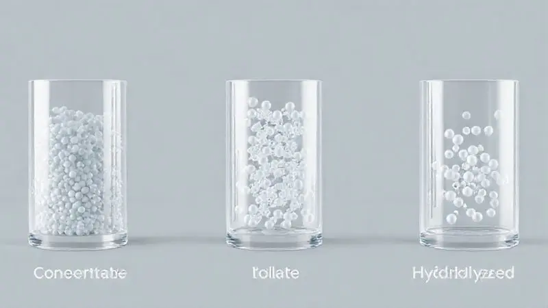 Render 3D conceitual explicando a diferença entre whey protein concentrado, isolado e hidrolisado através de uma visualização de pureza.