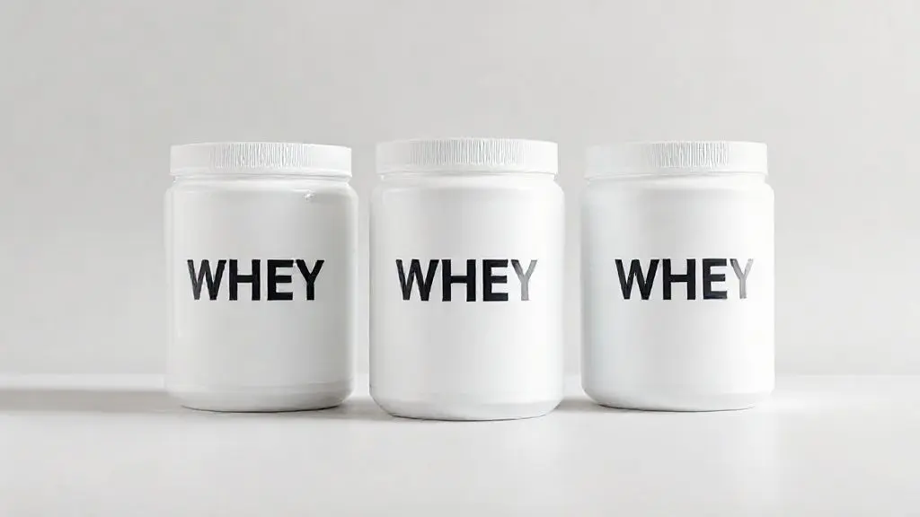 Três tipos de whey protein da Growth em potes sem marca, com iluminação de estúdio, representando as opções para suplementação e ganho de massa muscular.