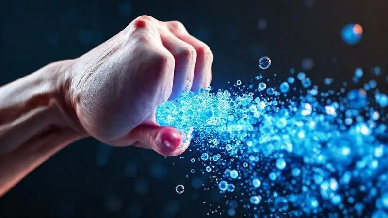 Render artístico de uma fibra muscular recebendo partículas de energia azul, simbolizando a rápida absorção e recuperação muscular proporcionada pelo whey hidrolisado.