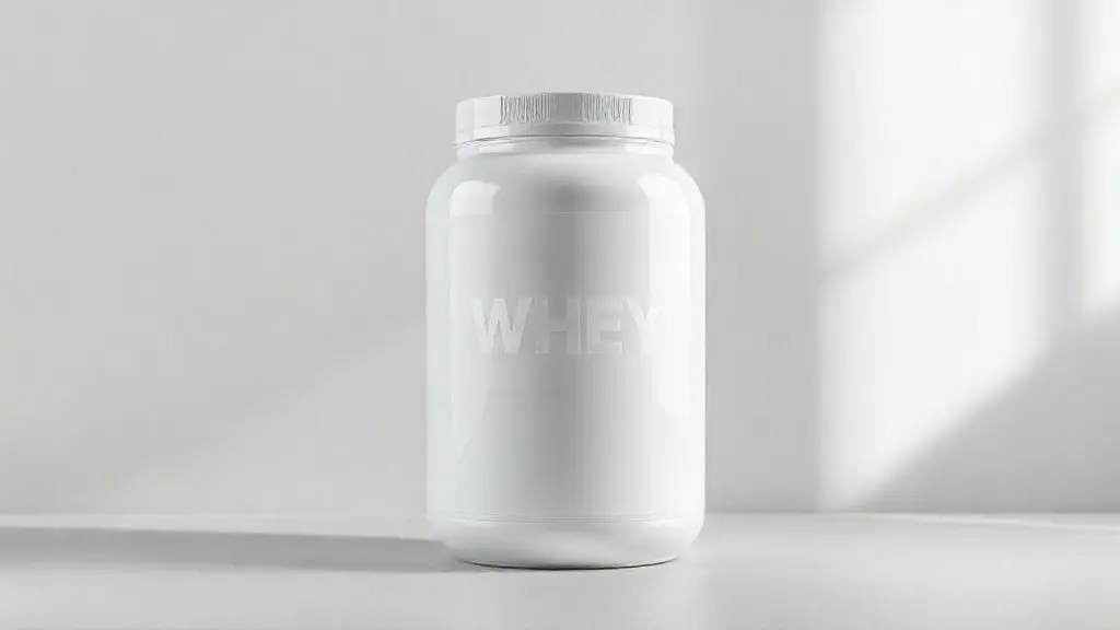 Pote de Whey Adaptogen em destaque, mostrando a embalagem do suplemento de proteína em um fundo limpo de estúdio, simbolizando pureza e qualidade.