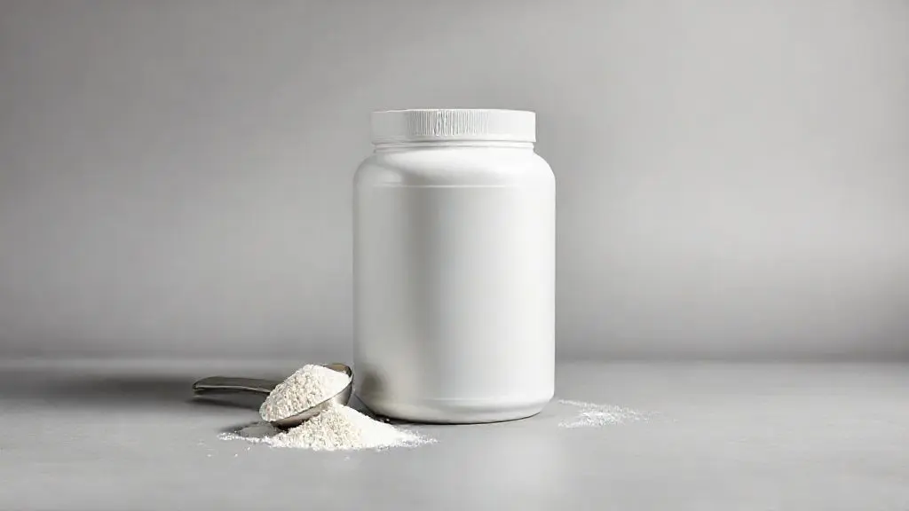 Pote de whey protein sem marca em fundo de estúdio, ilustrando a questão sobre o melhor momento para consumir o suplemento, antes ou depois do treino.