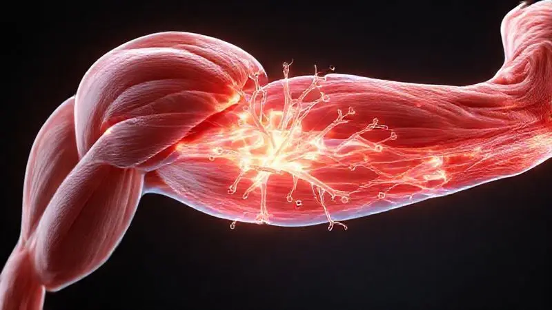 Ilustração 3D mostrando fibras musculares se reconstruindo e crescendo, representando o ganho de massa magra com o uso de Whey Protein.