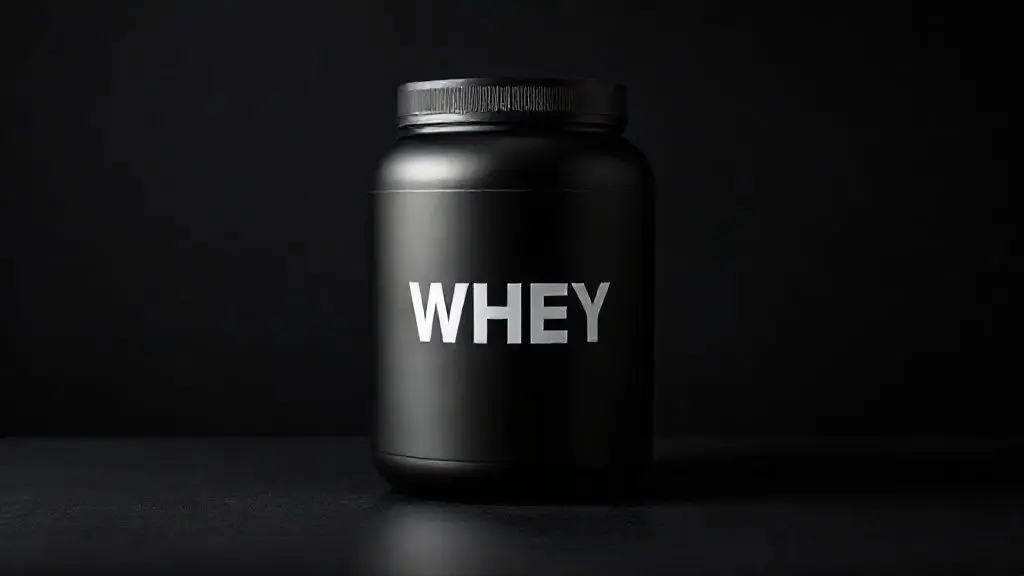 Análise completa do whey Black Skull para saber se é bom, com um pote de suplemento preto sem marca em um fundo escuro com iluminação de estúdio.