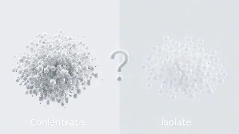 Render 3D conceitual comparando a estrutura do whey protein concentrado e isolado, levantando a questão sobre o risco de fraude entre os tipos.