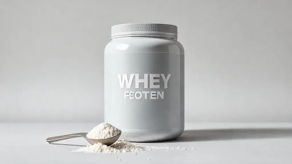 Análise completa do Whey Crush Under Labz, mostrando um pote de suplemento de whey protein sem marca com um dosador ao lado em um fundo de estúdio profissional.