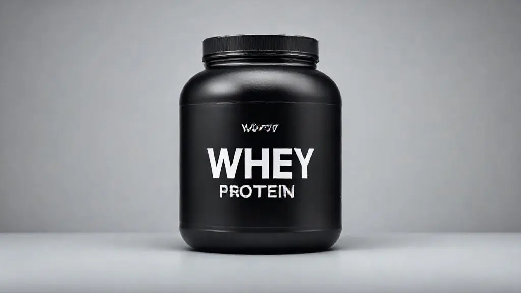 Análise completa do Whey Dark Lab, com um pote do suplemento de whey protein sem marca em um fundo limpo de estúdio, destacando sua qualidade.