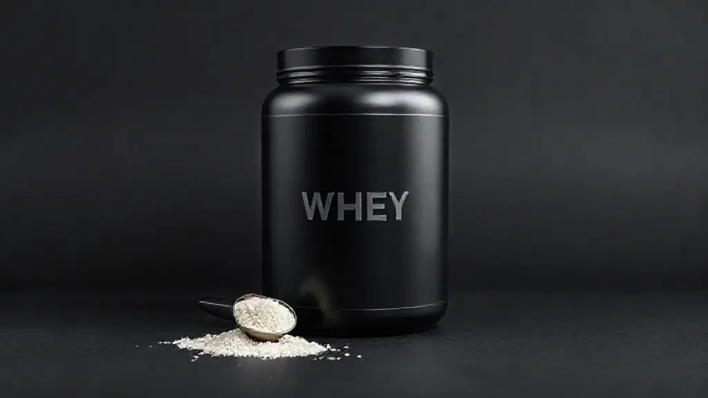 Análise completa do Whey Dark Lab: um pote de suplemento de proteína em destaque com um dosador ao lado, representando a qualidade e eficácia do produto.