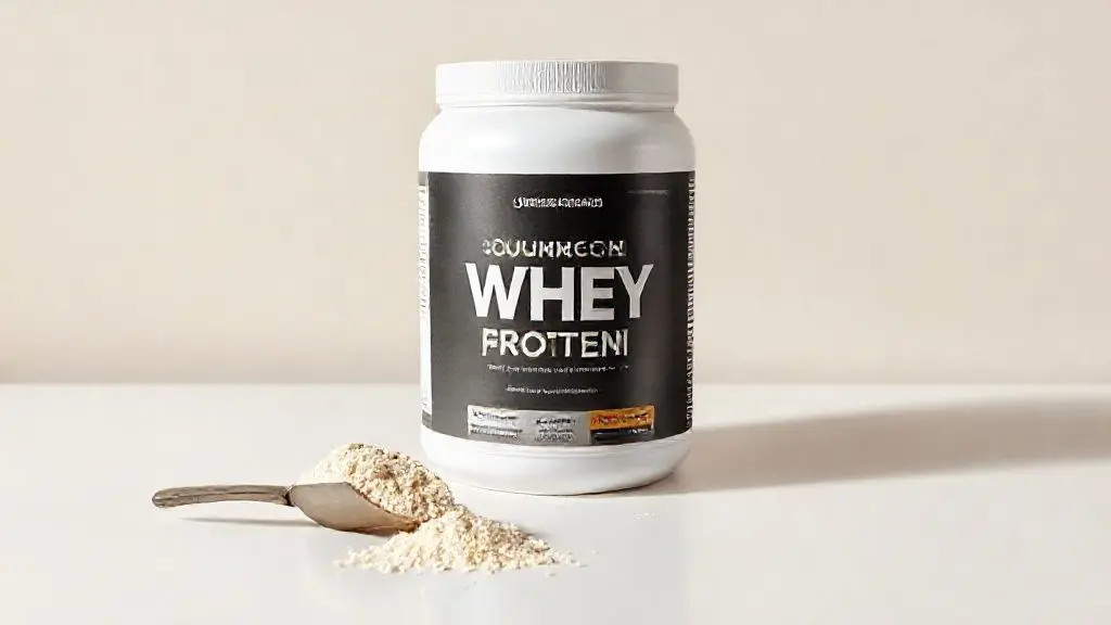 Pote de Whey Protein Gourmet com um dosador ao lado, representando a análise completa do suplemento para ganho de massa muscular e performance.