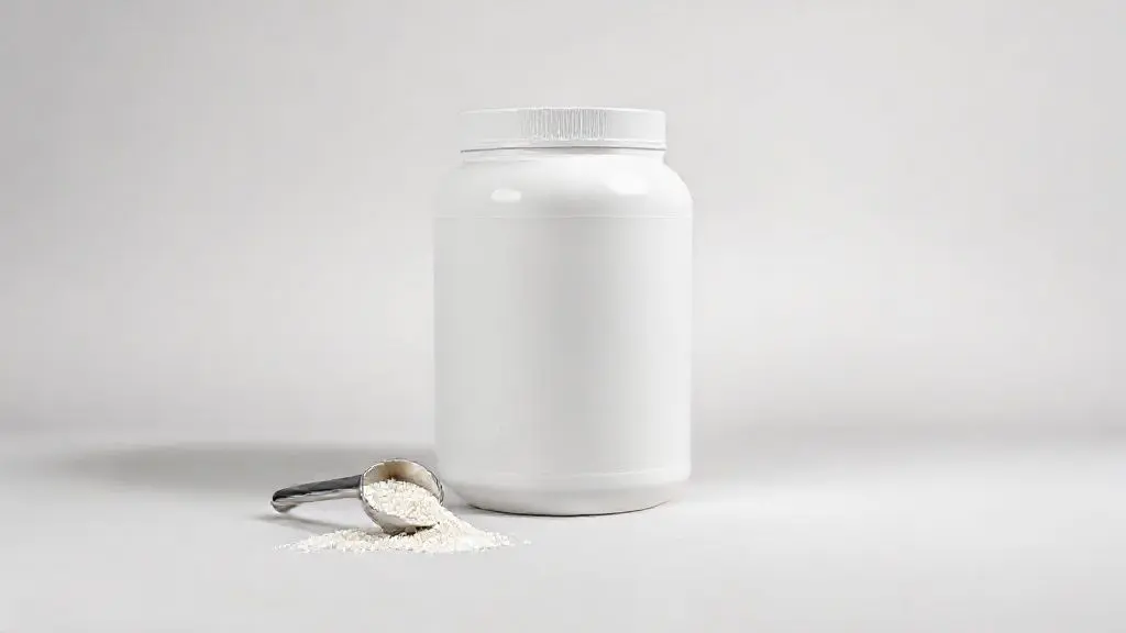 Pote de whey protein sem marca em um estúdio com iluminação profissional, ilustrando a análise completa sobre se o Whey Health Labs é bom.