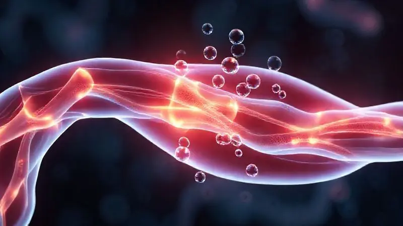 Ilustração digital mostrando a recuperação e ganho de massa muscular a nível celular com o auxílio de proteínas, conceito visual do benefício do whey.