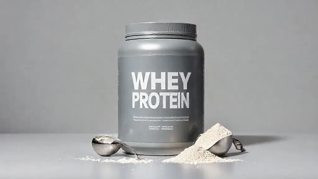Análise completa se Whey Profit é bom: um pote de whey protein sem marca e um medidor com o suplemento em pó sob iluminação de estúdio profissional.