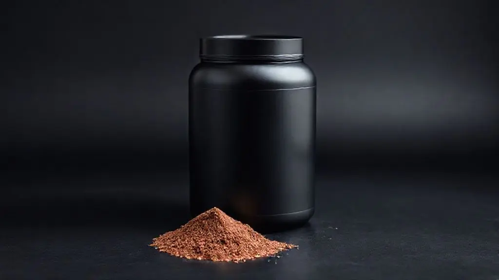 Análise completa do Whey Protein Darkness, mostrando um pote do suplemento sem marca em um fundo de estúdio, destacando sua qualidade e composição.