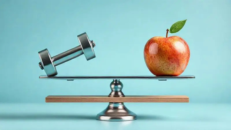 Ilustração de uma balança com um peso de academia de um lado e uma maçã do outro, simbolizando o papel do whey no ganho de massa ou emagrecimento.