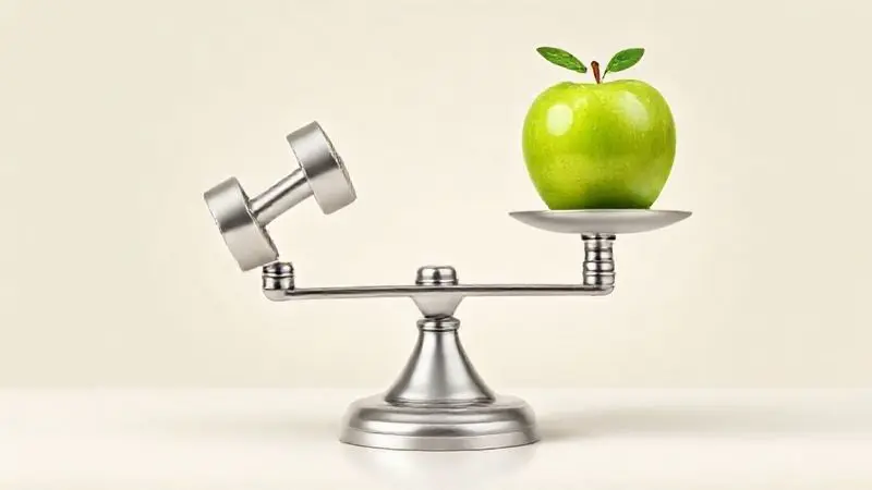 Balança em equilíbrio com um peso e uma maçã, desmistificando mitos sobre se o whey protein engorda.