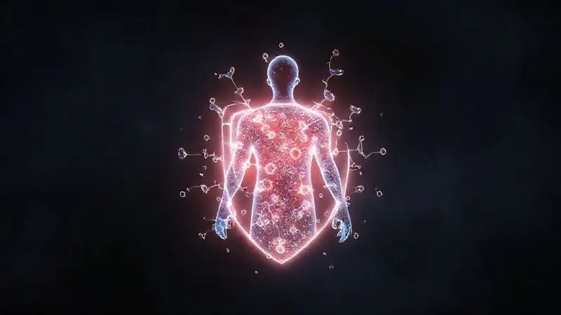 Render 3D de um escudo de energia protegendo uma pessoa, simbolizando o fortalecimento do sistema imunológico pelo whey protein.