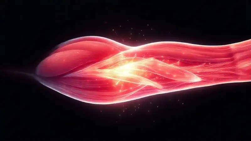 Ilustração artística do processo de hipertrofia, mostrando fibras musculares se tornando mais densas e fortes para ilustrar o ganho muscular.