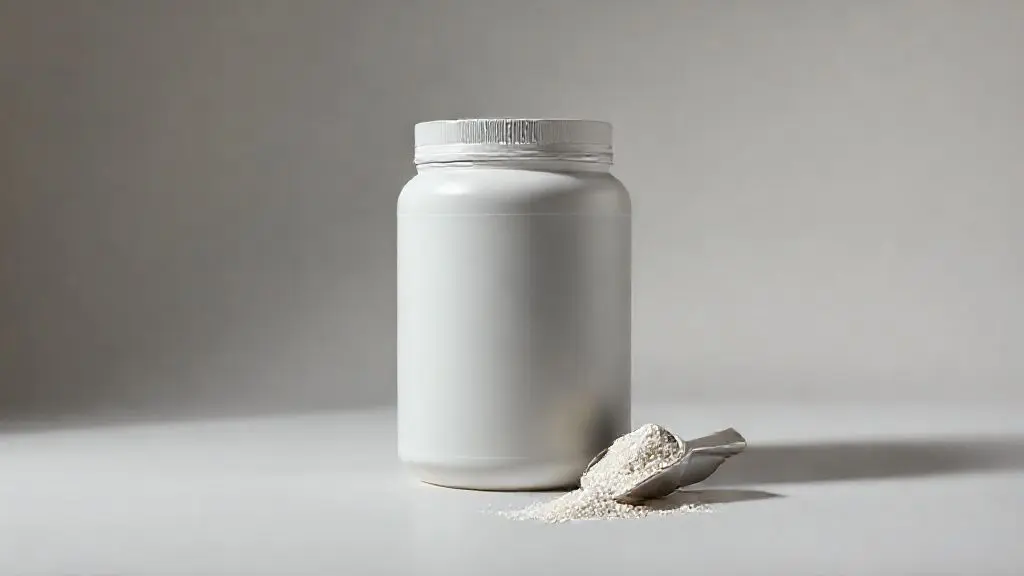 Análise completa do whey protein New Millen, mostrando um pote do suplemento em destaque sob iluminação profissional para avaliação de sua qualidade e tipos.