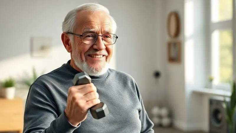 Ilustração conceitual de uma pessoa idosa se exercitando com vitalidade, representando o consumo seguro de whey protein por idosos.