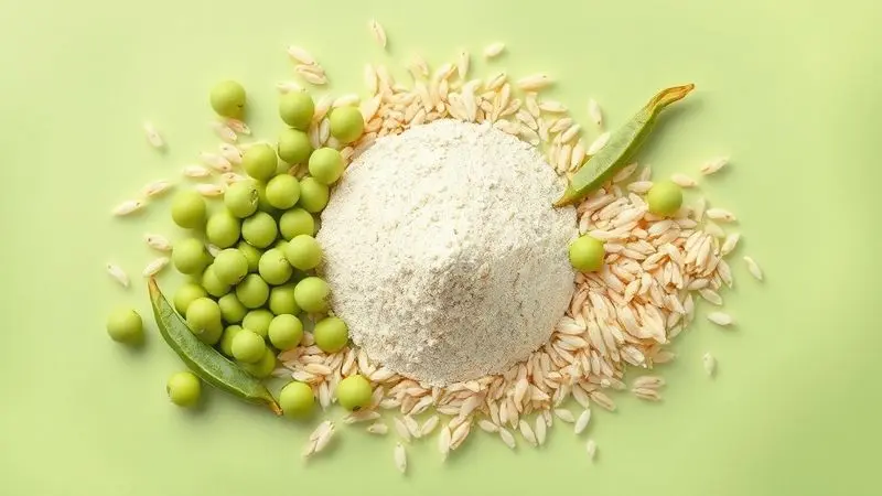 Ilustração de fontes de proteína vegana, com ervilhas e arroz se transformando em pó de whey protein para veganos.