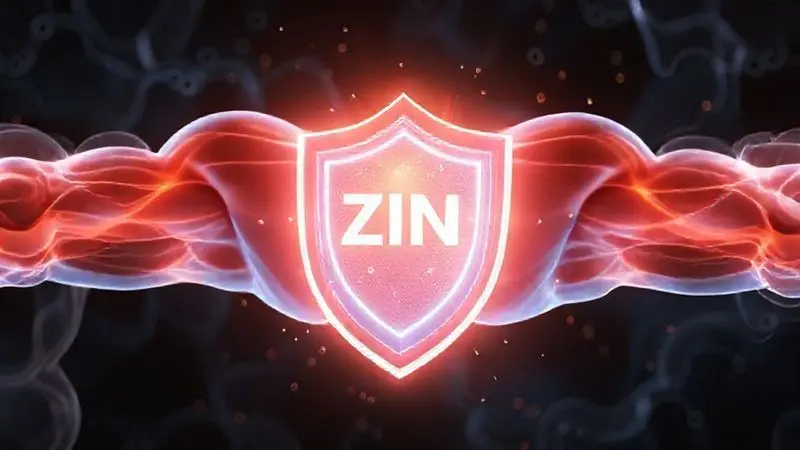 Render 3D conceitual mostrando a ação do zinco no suporte à imunidade e na recuperação muscular, com um escudo protegendo as fibras.